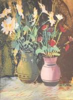 Jelzés nélkül: Virágok két vázában. Színes linómetszet, papír. Üvegezett fa keretben, 26,5×21 cm