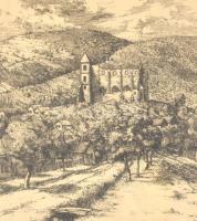 Deim Pál (1932-2016): Zsámbék. Rézkarc, papír, jelzett, üvegezett keretben, 31×48,5 cm