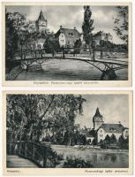 Hajmáskér - 2 db régi városképes lap: Parancsnoksági épület tó részlettel / 2 pre-1945 town-view postcards