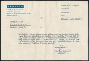 1964 Kardos György (1918-1985) Magvető Könyvkiadó igazgatójának (1961-1985) gépelt levele Hubay Miklós (1918-2011) Kossuth-díjas drámaíró, műfordító részére, a Magvető Könyvkiadó fejléces papírján, Kardos György saját kezű soraival.