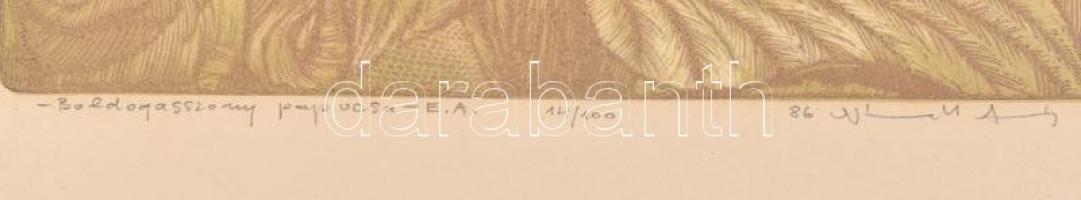 Németh András (1941-): Boldogasszony papucsa. Színes linómetszet, papír, jelzett, művészpéldány E.A....