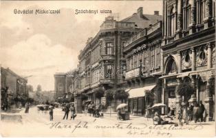 1909 Miskolc, Széchenyi utca, Grand Hotel Seper szálloda, Fonciere Pesti Biztosító Intézet, Kardos József üzlete, villamos, napernyő alatt ülő utcai árusok (EK)