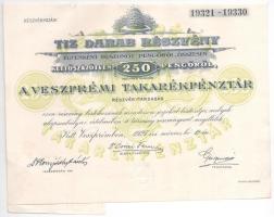 Veszprém 1927. A Veszprémi Takarékpénztár Részvénytársaság tíz darab részvénye egyben, összesen 250P-ről, szelvényekkel, szárazpecséttel T:II