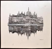 Konecsni jelzéssel: Nagyvárosi sziluett. Vegyes technika, kollázs, papír, 42x44,5 cm