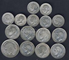 Nagy-Britannia kis Ag tétel 1921-44. 6p Af (7x) 3klf, 1Sh Ag (7x) 3klf benne skót címer, 1Fl Ag T:2/3,3,3/4 Összesen 15db Ag!