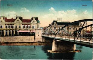 1913 Lugos, Lugoj; vas híd, Délmagyarországi Bank, Corso kávéház. Nagel Sándor kiadása / bridge, bank, café