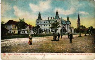 1909 Igló, Zipser Neudorf, Spisská Nová Ves; Redoute, színház, katolikus plébániatemplom és faipari szakiskola. Feitzinger Ede 709. A. J. 1904/14. / Theater, kath. Pfarrkirche u. Holzindustrieschule / theatre, Catholic church, wood industry school, woodworking school (EM)