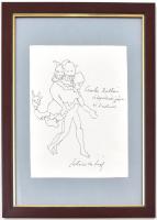 Schéner Mihály (1923-2009): Hórukk. Tus, toll, papír, jelzett, ajándékozási sorokkal, üvegezett fa k...