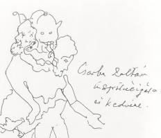 Schéner Mihály (1923-2009): Hórukk. Tus, toll, papír, jelzett, ajándékozási sorokkal, üvegezett fa k...