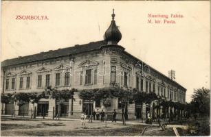 1909 Zsombolya, Hatzfeld, Jimbolia; Muschong palota M. kir. posta, gyógyszertár. Perlstein F. kiadása / palace, post office, pharmacy