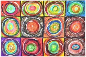 Kozár Edit (1976-): Mágikus ördögszekerek. Akril, farost, jelzett, hátoldalán autográf felirattal, 6...