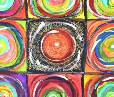 Kozár Edit (1976-): Mágikus ördögszekerek. Akril, farost, jelzett, hátoldalán autográf felirattal, 6...