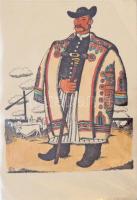 20 db RÉGI magyar folklór művész képeslap kis albumban, Pekáry István Kossuth-díjas grafikus kézzel ...