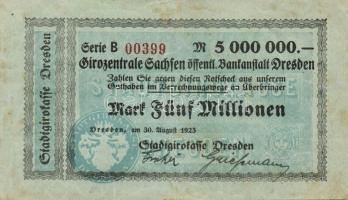 Német Birodalom/Weimari Köztársaság/ Dresden/Stadtgirokasse 1923.8.30. 5000.000M T:II