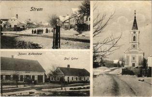 1929 Strém, Strem; Fő utca, Johann Hollendoner, Stef. Gober üzlete, templom télen