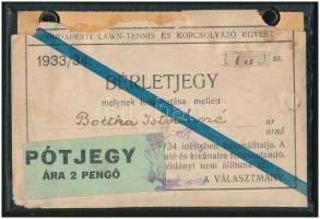 1933/34 Budapesti Lawn-Tennis és Korcsolyázó Egylet fényképes bérletjegy , pótjegy ára 2 pengő címkével, kissé sérült
