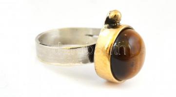 Ezüst (Ag) tigrisszemköves gyűrű, jelzett, méret: 56, bruttó: 6,38 g