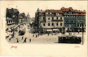 1902 Praha, Prag, Prague; Graben, Kavárna Vádenská / street view, café, shops of Hynek Gottwald, Ferdinand Engelmüller, Huber Salon, trams