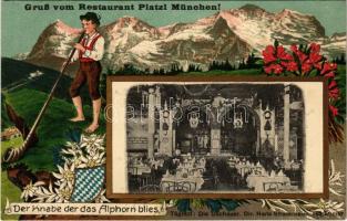 1914 München, Munich; Gruß vom Restaurant Platzl München! Der Knabe der das Alphorn blies / restaurant advertising card, Bavarian folklore, boy with alphorn. Art Nouveau, floral Emb. litho