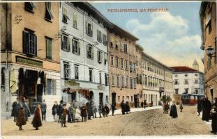 Mezzolombardo (Südtirol), Via Principale / street view, tram, shops of Antonio Francesco Taddei, Giuseppe Borga, hotel, café, restaurant. Cartoleria Micheletti