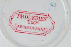 Francia Sarreguemines csésze aljjal. Matricás, jelzett, kopásokkal, m: 5 cm, d: 10,5 cm