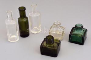 6 db éri és régebbi üveg, egyik alján Sidol felirattal, kopott, m: 5 és 10,5 cm közötti méretben