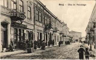 Stryi, Stryj; Ulica hr. Potockiego / street view, shops of Adeli Katz, Hochmann, Sobel (EK)
