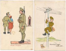 2 db régi katonai művészlap Pálffy szignóval / 2 pre-1945 Hungarian military art postcard signed by Pállfy