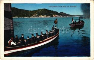Dampfbarke mit Boot im Schlepp. K.u.K. Kriegsmarine / Austro-Hungarian Navy steam barge towing a boat of mariners. G. C. Pola 1912/13. (EK)