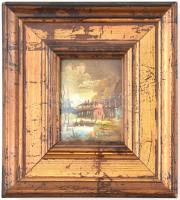 Olvashatatlan jelzéssel. Táj házakkal. Olaj, karton, üvegezett fa keretben, 9,5x7 cm