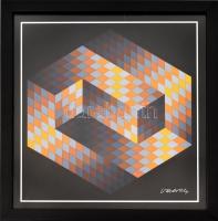 Victor Vasarely (1908-1997): Op-art kompozíció. Ofszet, papír, jelzett a nyomaton, üvegezett fa kere...