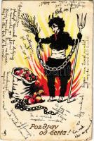 1939 Pozdrav od Certa! / Greetings from the Devil! Krampus art postcard. B.R. 7961. + kétnyelvű bélyegző / bilingual cancellation (EK)