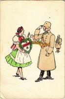 1942 Isten hozott! Bevonulás. Kiadja a Délvidéki Egyetemi és Főiskolai Hallgatók Egyesülete / Hungarian irredenta propaganda art postcard, entry of the Hungarian troops, soldier with compatriot woman (EB)