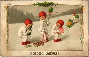 1931 Boldog Újévet! / New Year greeting art postcard, children with toys. D.A.G.B. No. 2644. s: Pauli Ebner (EK)