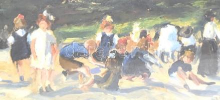 Jelzés nélkül: Gyerekek. Olaj, karton, sérült üvegezett keretben, 11,5x23,5 cm