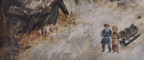 RE96 jelzéssel: Téli táj alakokkal. Olaj, vászon, aranyozott fa keretben, 13,5x21,5 cm