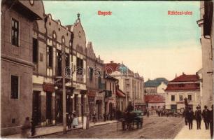 1908 Ungvár, Uzshorod, Uzhhorod, Uzhorod; Rákóczi utca, Ungmegyei Hitelszövetkezet, Katz Zsigmond, Kohn József, Révész üzlete / street view, loan bank, shops (EK)
