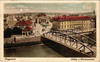 1942 Nagyvárad, Oradea; látkép Körös részlettel, híd, színház, Duna biztosító, üzletek, villamos / Cris riverbank, bridge, tram, insurance company, theatre, shops (EK)