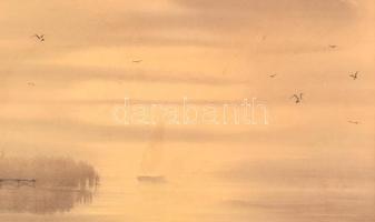 Nemes Tibor (1955-): Sirályok a Balaton felett. Akvarell, papír, paszpartuban, jelzett, hátoldalán f...