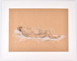 Baja Béla (?-?): Fekvő akt. Kréta, papír. Jelzett és datált (Baja Béla 1971). Paszpartuban 43x61,5 c...