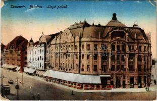 1916 Temesvár, Timisoara; Belváros, Lloyd palota, villamos / palace, tram (EK)