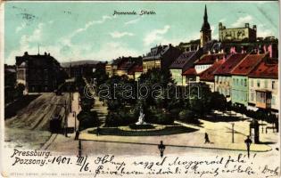 1901 Pozsony, Pressburg, Bratislava; Sétatér, villamos, vár. Ottmar Zieher / street view, promenade, tram, castle (EK)