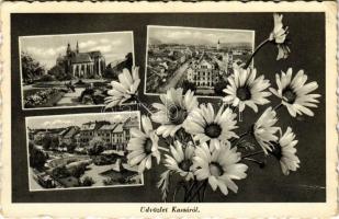 1939 Kassa, Kosice; Székesegyház, dóm, Színház, Fő utca, villamos. Virágos montázs. Fried kiadása / cathedral, theatre, main street, tram. Floral montage (EB)