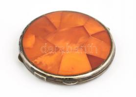 XX sz, eleje: Ezüst púderkompakt borostyán díszítéssel 7,5 cm, br 110 g