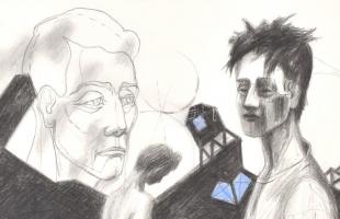 Nagy Árpád "Pika" (1950-): Feje tetején a világ. Ceruza, kréta, papír, paszpartuban, jelze...