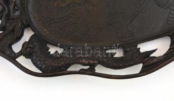 Indonéz faragott, sárkánydíszes fa tál. 40x23 cm