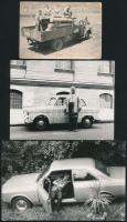 cca 1950-1970 3 db autókat, teherautókat ábrázoló fotó 6x9 cm, 9x12 cm