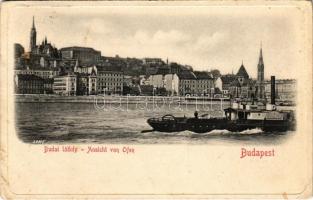1910 Budapest I. Budai látkép, Királyi vár, előtérben SALZACH oldalkerekes vontató gőzhajó, vontatóhajó. Magyar Rotophot Társaság (r)