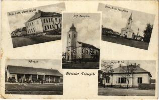1929 Tószeg, Római katolikus templom és elemi iskola, Református templom, Jegyzői lak, Hangya Szövetkezet üzlete. Készítette Szabó Ferenc fényképész (EB)