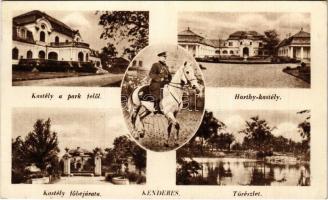 1944 Kenderes, Horthy kastély, kastély a park felől, főbejárat, tó részlet, Horthy Miklós fehér lovon (bevonuláskor)